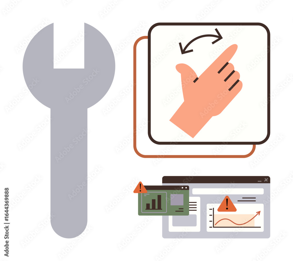Poster hand gesturing adjustment, wrench icon, charts and browser windows with alert notification. ideal fo
