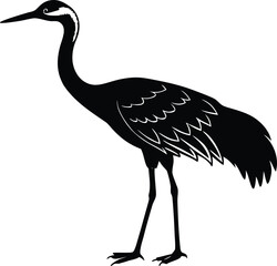 Silhouette of a graceful crane standing on a white background