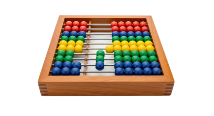 Close up of a wooden abacus with colorful beads arranged in rows for mathematical calculations tool