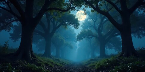 Deep shadows shroud ancient trees, moonlight filtering through dense canopy , deep, woodland, dark