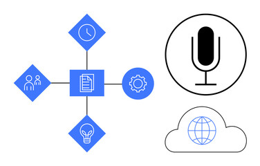 Diagram with connected icons for teamwork, time, ideas, documents, settings, microphone, cloud, and globe. Ideal for technology workflow communication innovation digital services global