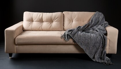 a beige fabric sofa with plush cushions a dark gray throw blanket draped over one arm sits against a black background