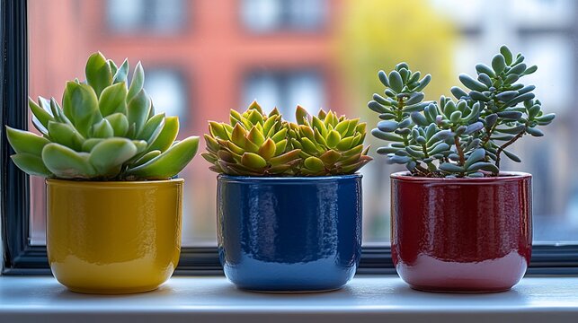 Succulents in colorful pots on a windowsill - Powered by Adobe