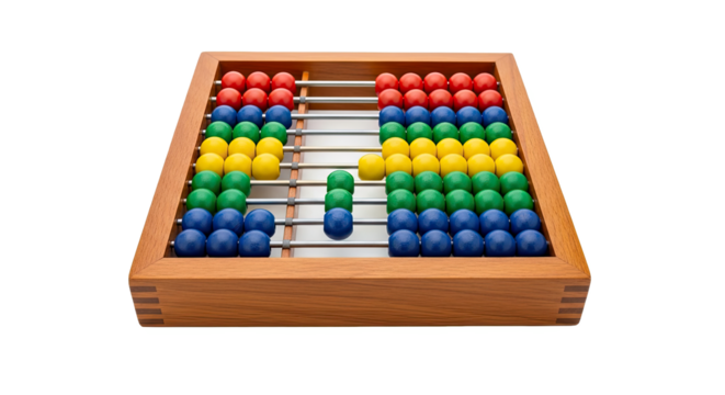 Close up of a wooden abacus with colorful beads arranged in rows for mathematical calculations tool