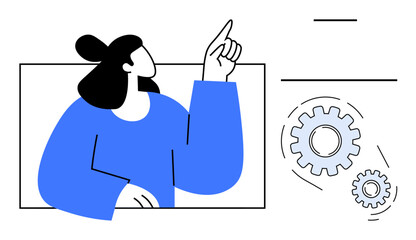 Woman gesturing upward in dynamic pose next to gear shapes emphasizing teamwork, process, and solutions. Ideal for leadership, brainstorming, collaboration, technology, innovation, organization