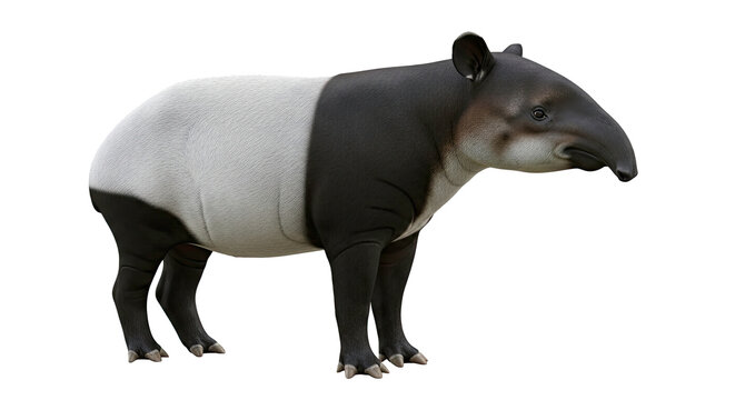 A side view of a malayan tapir with black and white markings standing in front of a black background