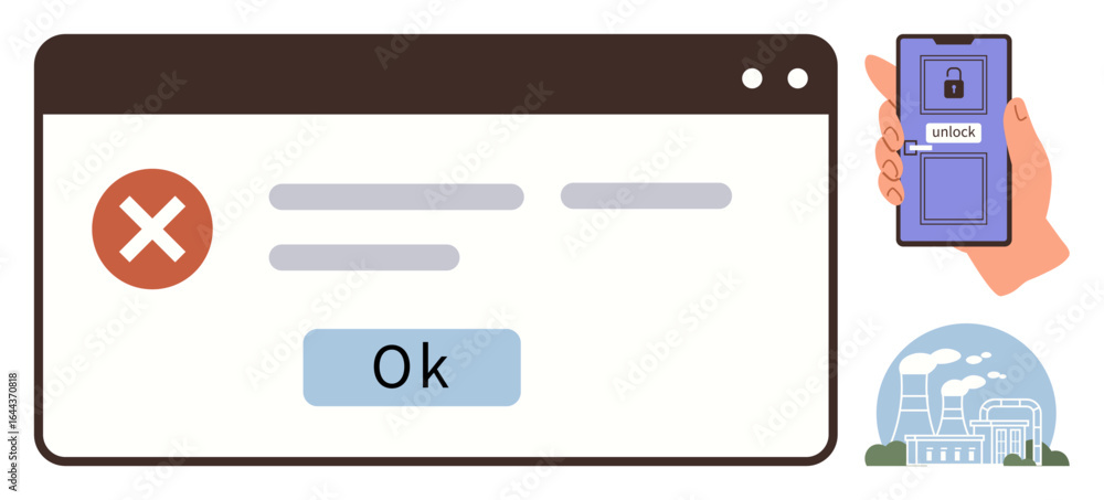 Poster login failure pop-up with error button, smartphone locked display in hand, power plant as background