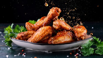 spicy fried chicken wings with sauce splash and herbs crispy and flavorful snack food