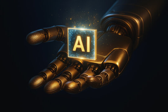 AI Symbol schwebt &uuml;ber Roboterhand - Konzept f&uuml;r k&uuml;nstliche Intelligenz