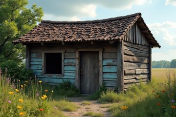 Obraz premium Decaying wooden shack, broken door, missing roof tiles , tiles, home
