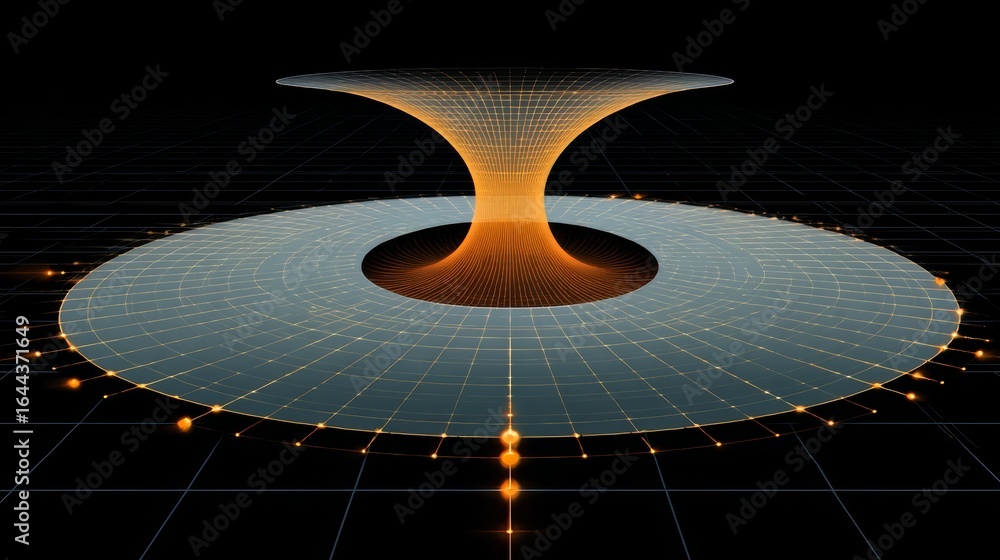 Poster black and orange image of a vortex with a white circle in the middle. the image has a mysterious and