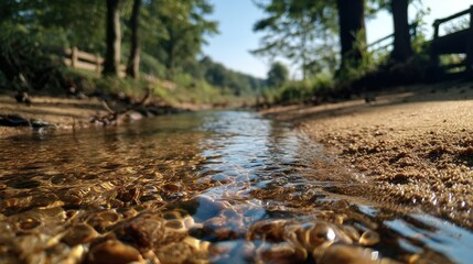 Fototapeta premium Serene shallow stream flowing through a lush green forest with clear water and pebbled banks under bright sunlight in a tranquil natural outdoor landscape scene