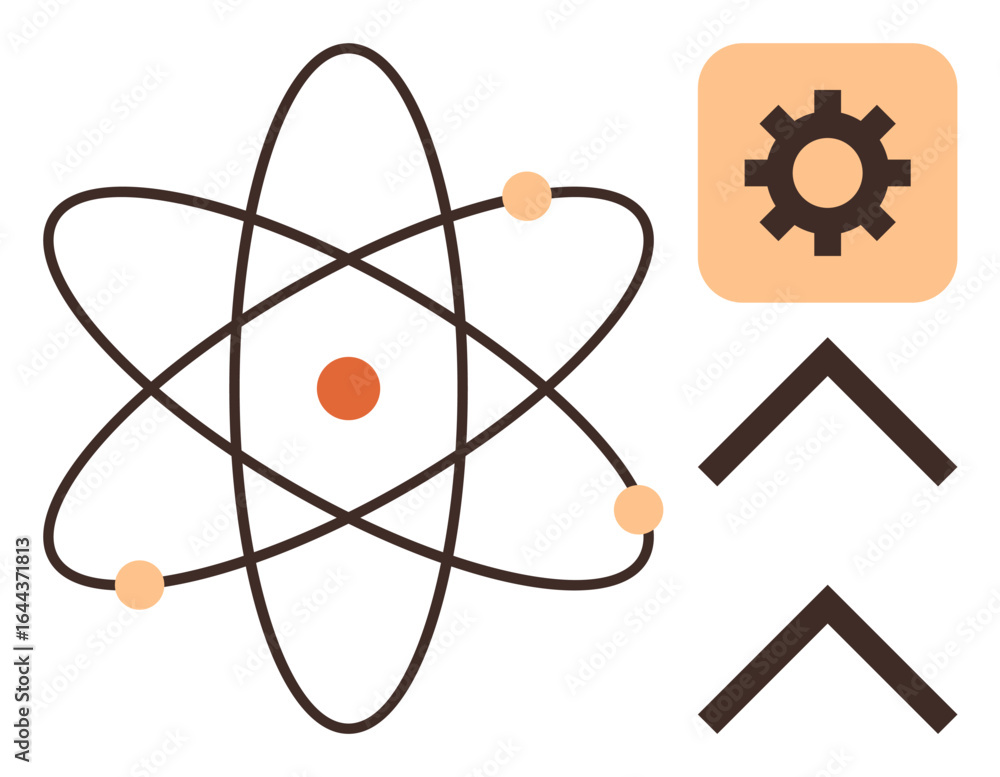 Poster atomic structure with orbiting particles next to a gear and upward arrows. ideal for science, techno