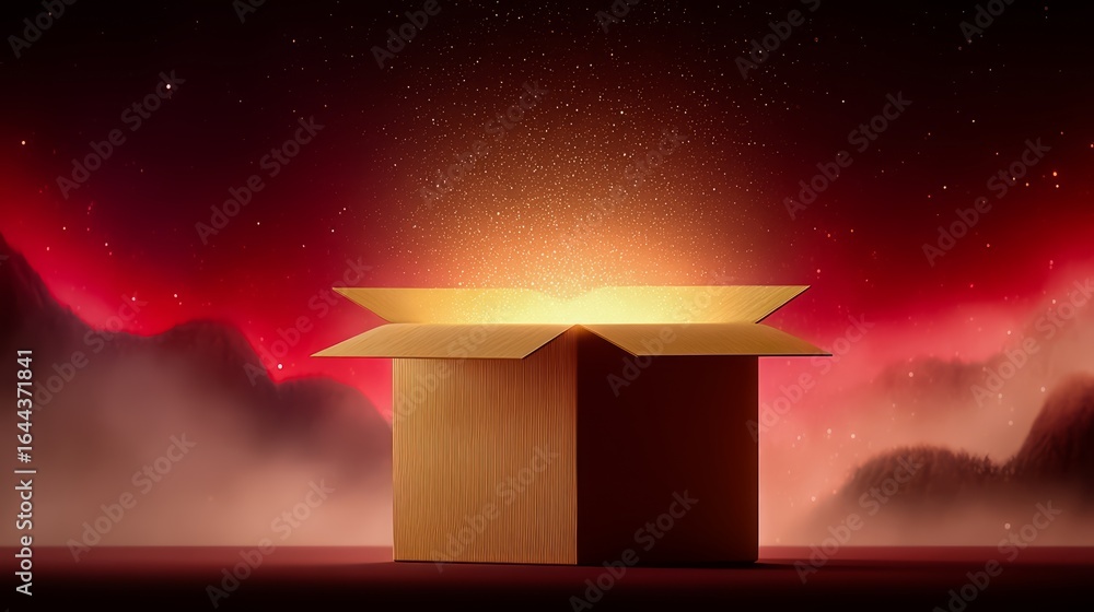 Aufkleber cardboard box with a small hole in the top. the box is surrounded by a red. the box is lit up with a