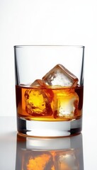 Crystal glass of amber whiskey, ice cubes melting on white , scotch, studio shot