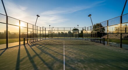 Obraz premium A padel court with a net and fence under a blue sky at sunrise or sunset time