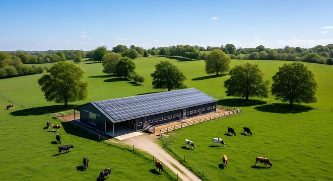 Aerial view of a modern agricultural facility with cows grazing in the field. 