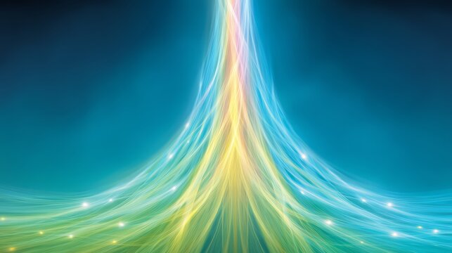 Colorful, swirling, and long blue and yellow line. The line is made up of many small dots. Scene is one of energy