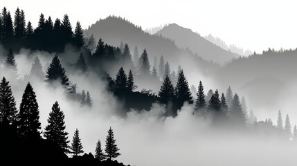Obraz premium Mountain range covered in trees with a foggy mist. The trees are silhouetted against the sky
