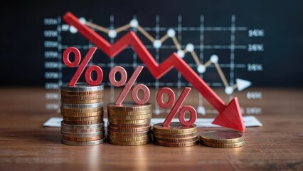 Economic downturn concept with red percentage signs and downward graph trend reflecting losses