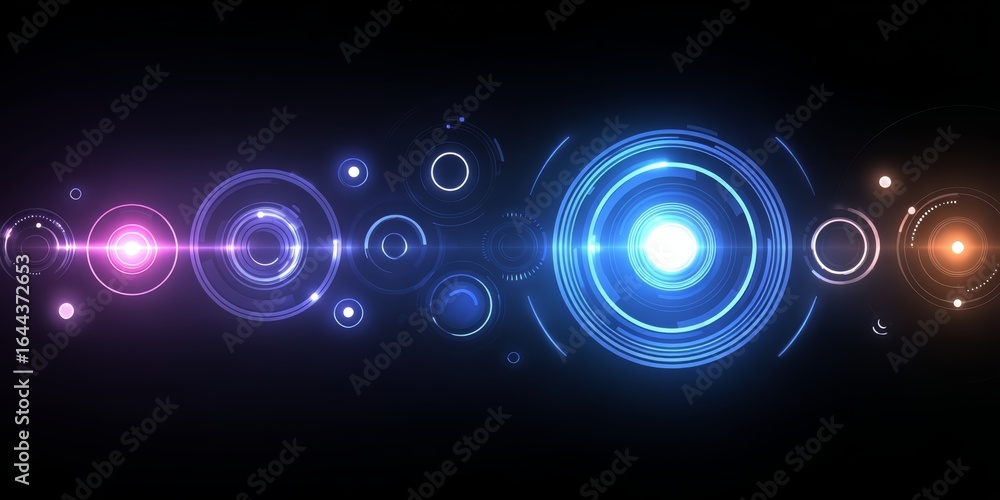 Poster series of colorful circles with a blue center. the circles are arranged in a line and are illuminate