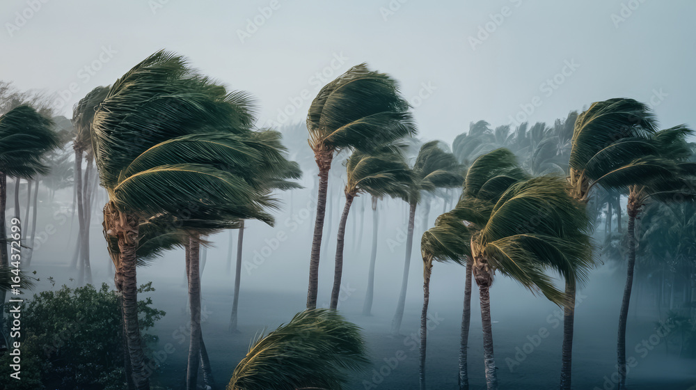 Poster stormy scene with palm trees and a foggy atmosphere. the palm trees are swaying in the wind, and the