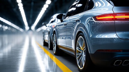 Shiny silver car is parked in a long, empty tunnel. The tunnel is lit up, creating a sense of depth and mystery