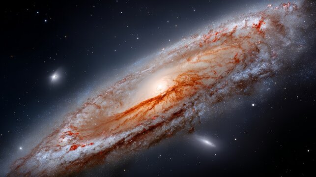 Spiral galaxy with a red spot in the center. The galaxy is filled with stars and dust