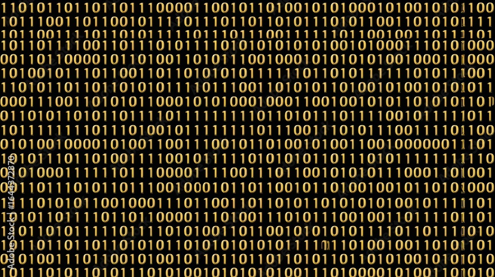 Poster black and gold background with a lot of numbers. the numbers are in binary code and are very close t