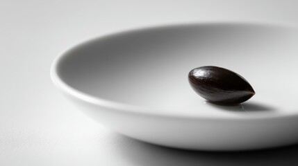 A single dark seed smooth, teardrop-shaped, of unknown species resting at the center of a matte white ceramic dish.