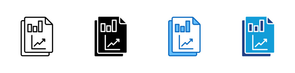 Business Report Multi Style Icon Sheet Vector Design - Documents with bar and line charts, representing business reporting, performance metrics, or analytics