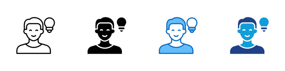 Creative Thinking Multi Style Icon Sheet Vector Design - Person with a light bulb symbolizing innovative or original ideas, imagination, and creativity
