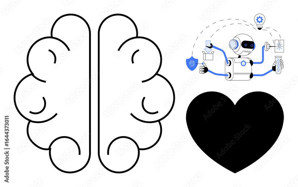 Poster brain contrasting with heart, robot managing tools, settings, shield, and gear. ideal for ai, roboti