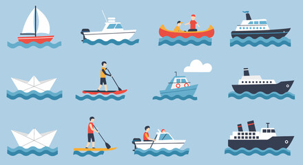 Collection of Various Types of Watercraft Sailing on the Ocean Waves in an Artistic Flat Design Style Representing Aquatic Transportation and Recreation Activities
