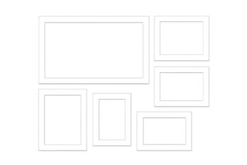 Set of six white empty modern frames on transparent background