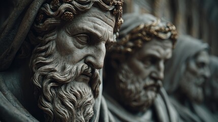 Fototapeta premium Ancient wisdom: Detailed statues of bearded figures with laurel wreaths radiate history