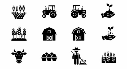 A Comprehensive Collection of Agricultural Icons Featuring Tractors Farms Crops Livestock and Farming Equipment for Visual Representation
