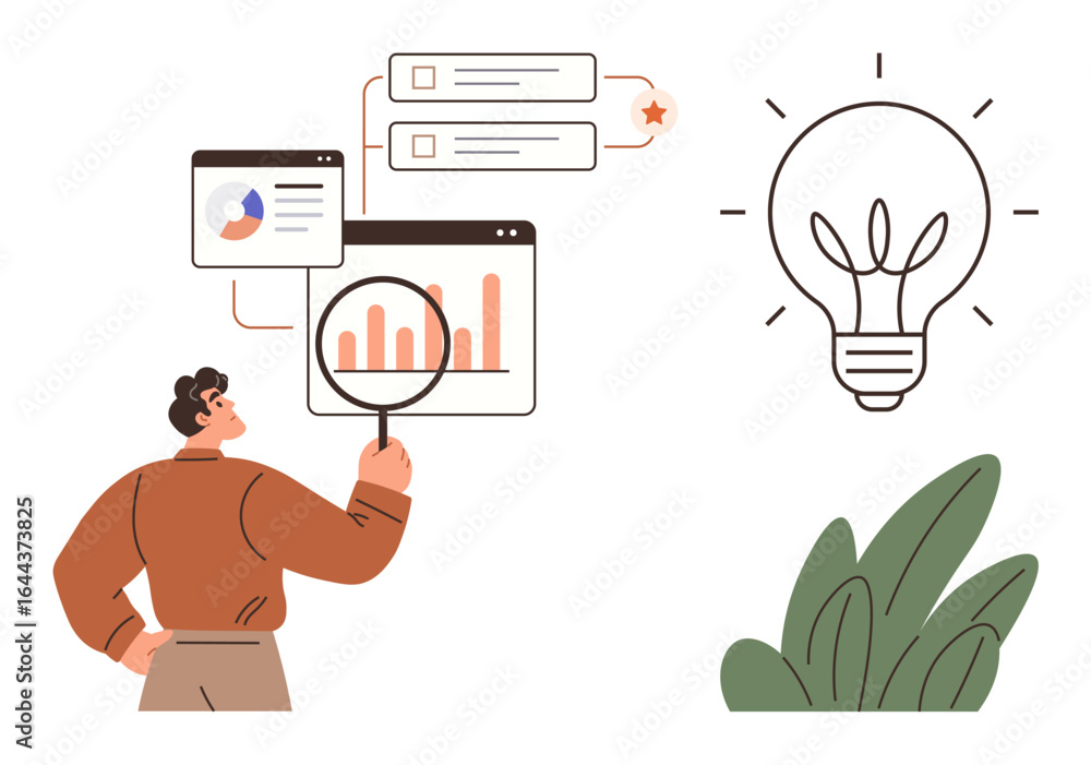 Poster man examines charts with magnifying glass, explores data insights. lightbulb signifies innovation. i