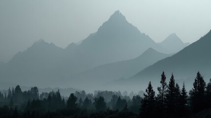 Majestic Misty Mountain Range with Dense Forests and Overlapping Peaks Under Cloudy Sky in Serene Natural Landscape Scene