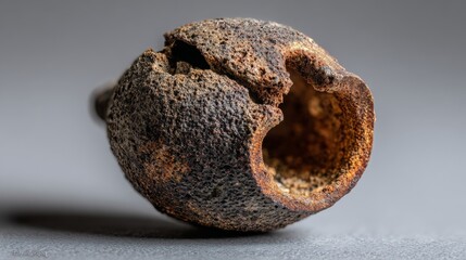 A fossilized seed pod, its original structure replaced by mineral deposits, leaving a hollow cast.