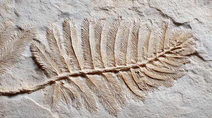 A complete fern frond fossil preserved in pale limestone, its delicate branching pattern radiating from a central stem.