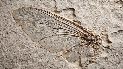 A delicate wing impression preserved in fine-grained limestone, its venation pattern traced in pale gray.