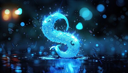 Illuminated S, water splash, night city, abstract art. Possible use background