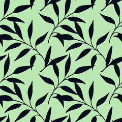 Floral pattern with leaves silhouettes. Vector seamless print with black leaves silhouettes on a green background