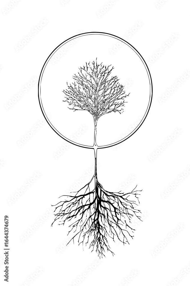 Poster tree of life illustration drawing with roots and branches in circle for nature and growth concept ar