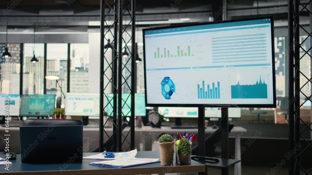 Poster sleek boardroom empty with technology and business documents, professional space prepared for the ne