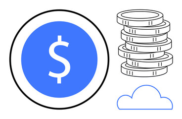 Blue dollar sign in a circle, stack of coins, and cloud outline. Ideal for money, economy, savings, digital finance, cloud computing online transactions investment. Simple flat metaphor