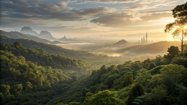 Lush green valley with distant city skyline at sunrise, misty morning