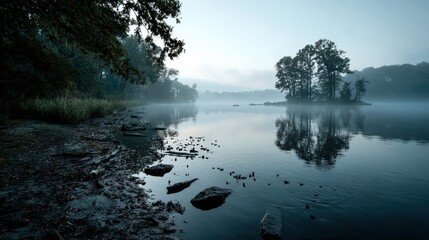 Serene misty river landscape with calm water reflecting trees and foggy morning atmosphere, tranquil natural scene perfect for outdoor and nature themes