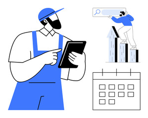 Worker holding tablet, colleague climbing bar graph to access search bar, task planner calendar. Ideal for teamwork, productivity, task management, growth, progress planning efficiency. Simple flat